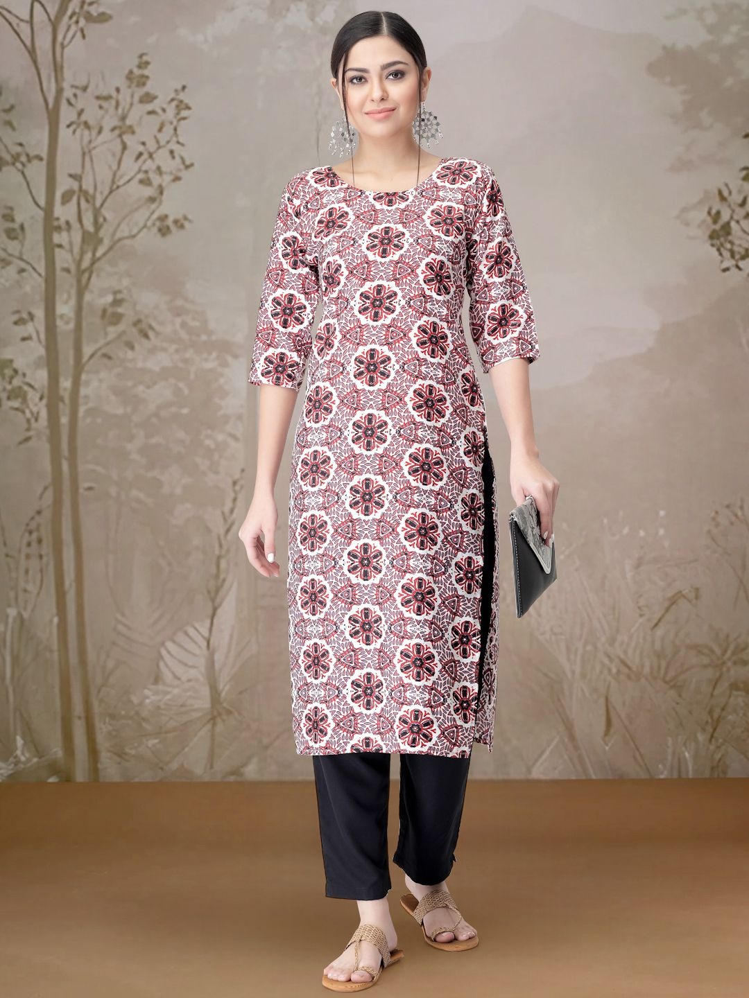 

7Threads Ethnic Motifs Printed Round Neck Straight Kurta With Trouser, Red