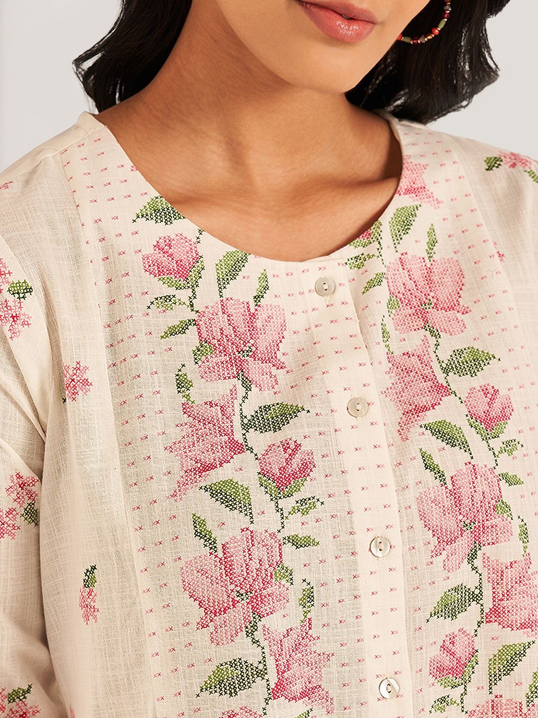 

RANGMANCH BY PANTALOONS Floral Printed Woven Design A-Line Pure Cotton Kurta, Cream