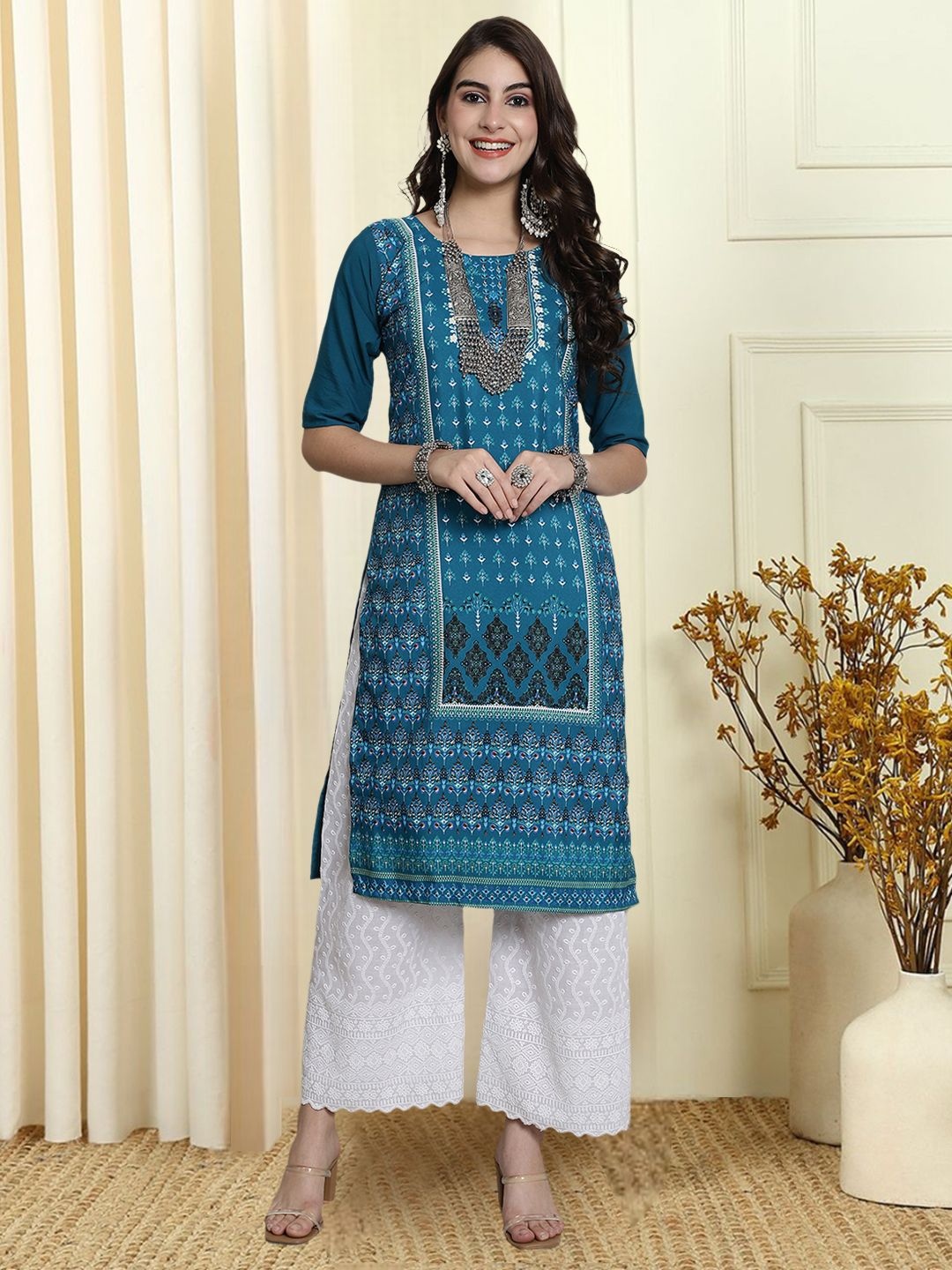 

7Threads Ethnic Motifs Printed Round Neck Straight Kurta, Blue
