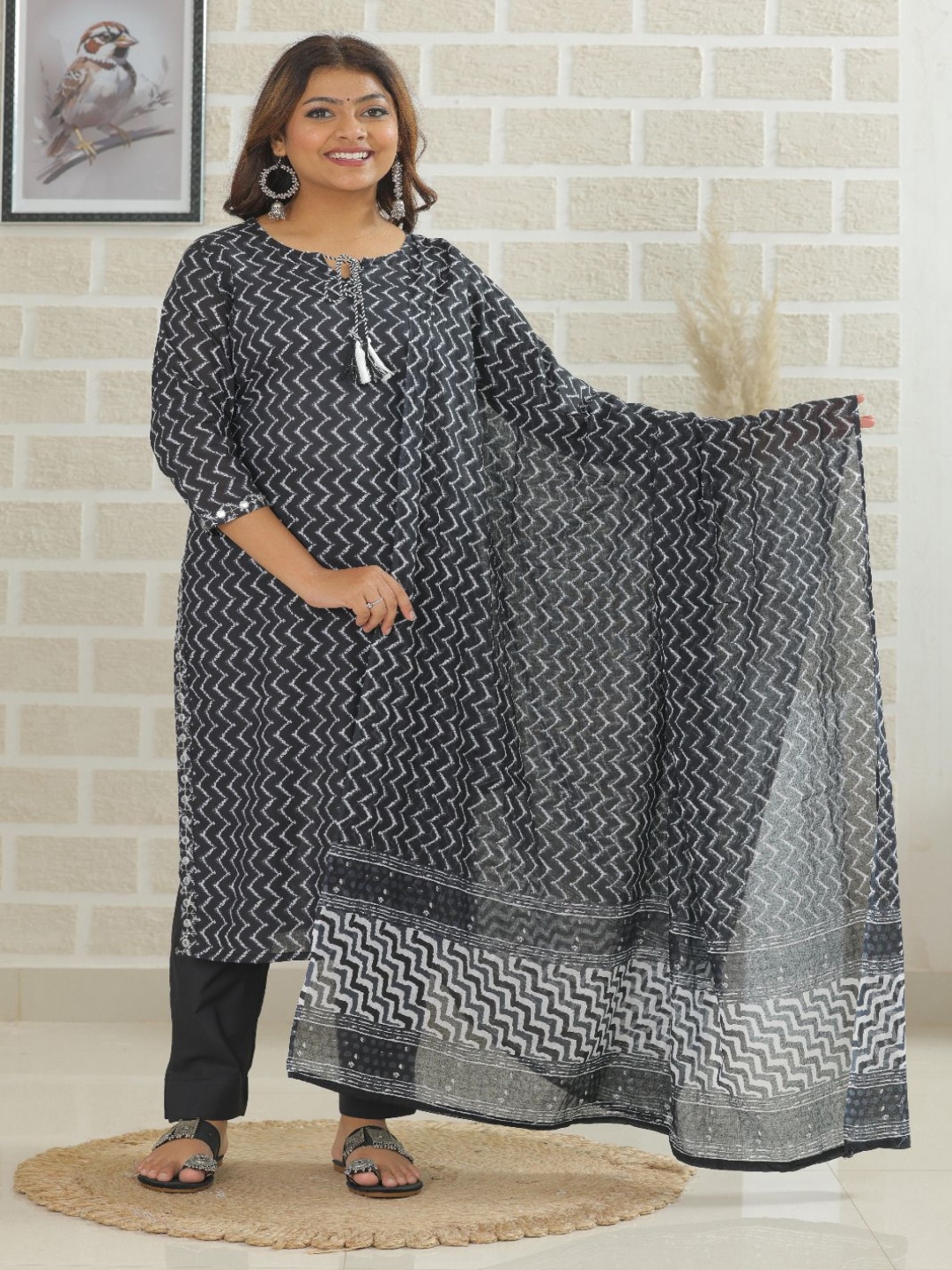 

KALINI Chevron Printed Pure Cotton Straight Kurta With Trousers And Dupatta, Black