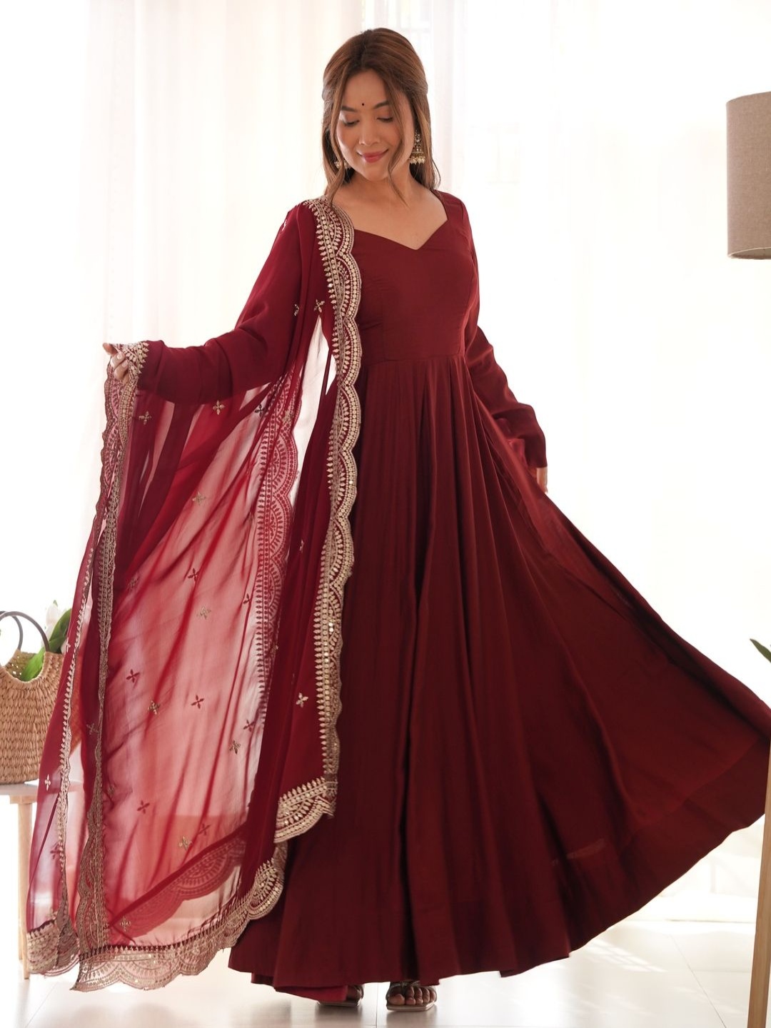 

KALINI Chanderi Silk Anarkali Kurta With Pyjamas And Dupatta, Maroon