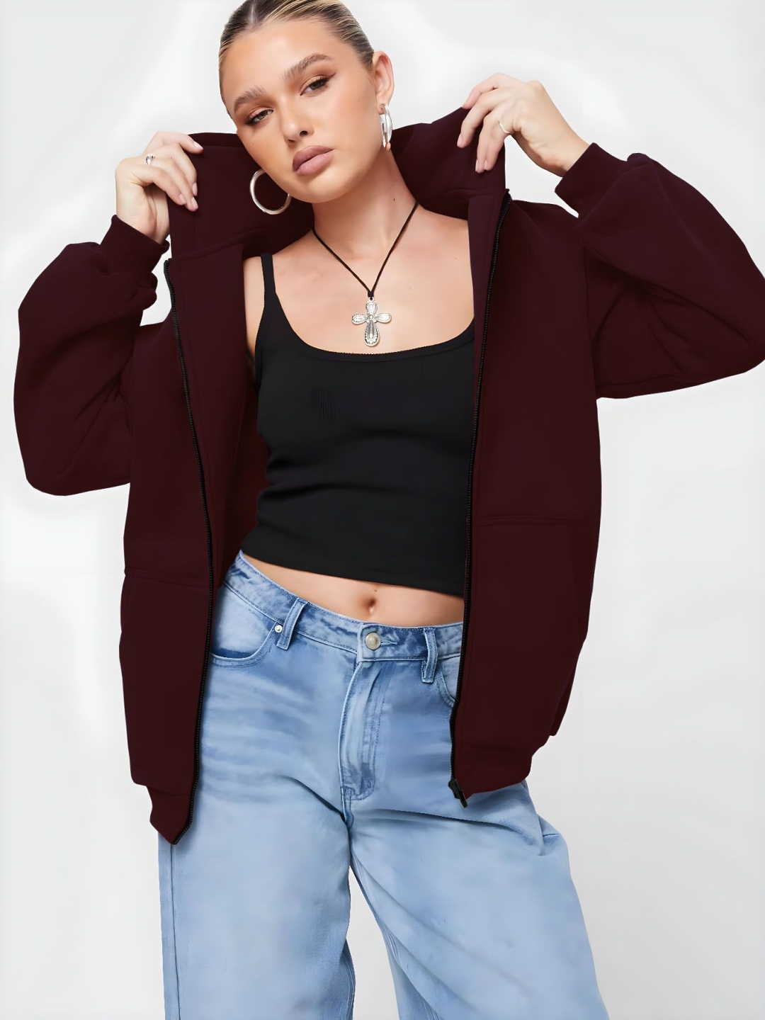 

LECOWAR Women Hooded Solid Fleece Casual Bomber Jacket, Maroon