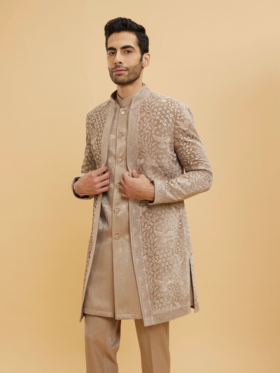 

Twamev Men Embroidery Thread Work Sherwani Set, Beige