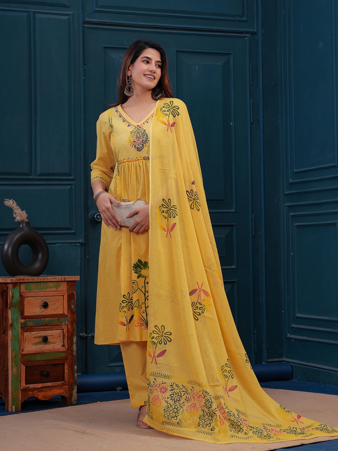 

Meeranshi Floral Printed Pleated A-Line Pure Cotton Kurta With Trouser And Dupatta, Mustard