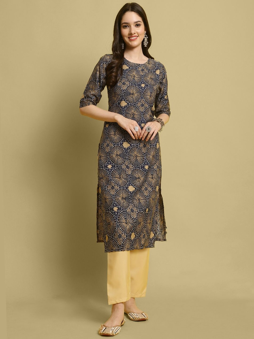 

7Threads Ethnic Motifs Printed Round Neck Regular Straight Kurta With Trouser, Blue