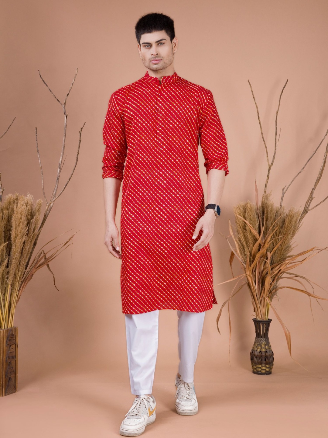 

SHIWAM Leheriya Printed Band Collar Straight Kurta, Red