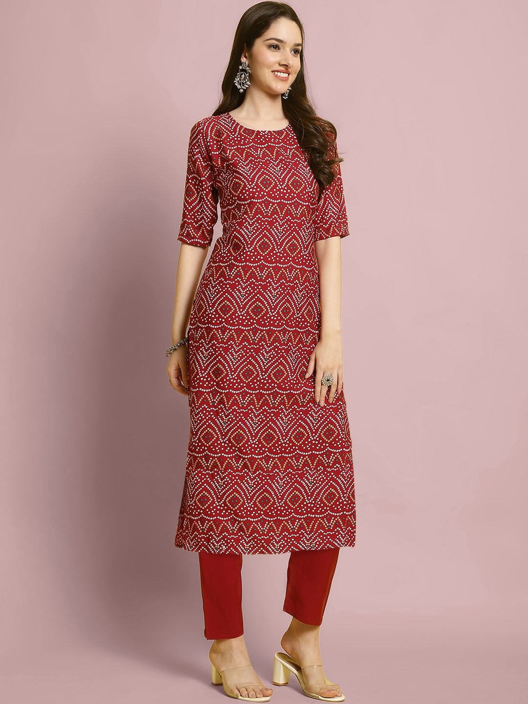 

7Threads Ethnic Motifs Printed Straight Kurta With Trouser, Red