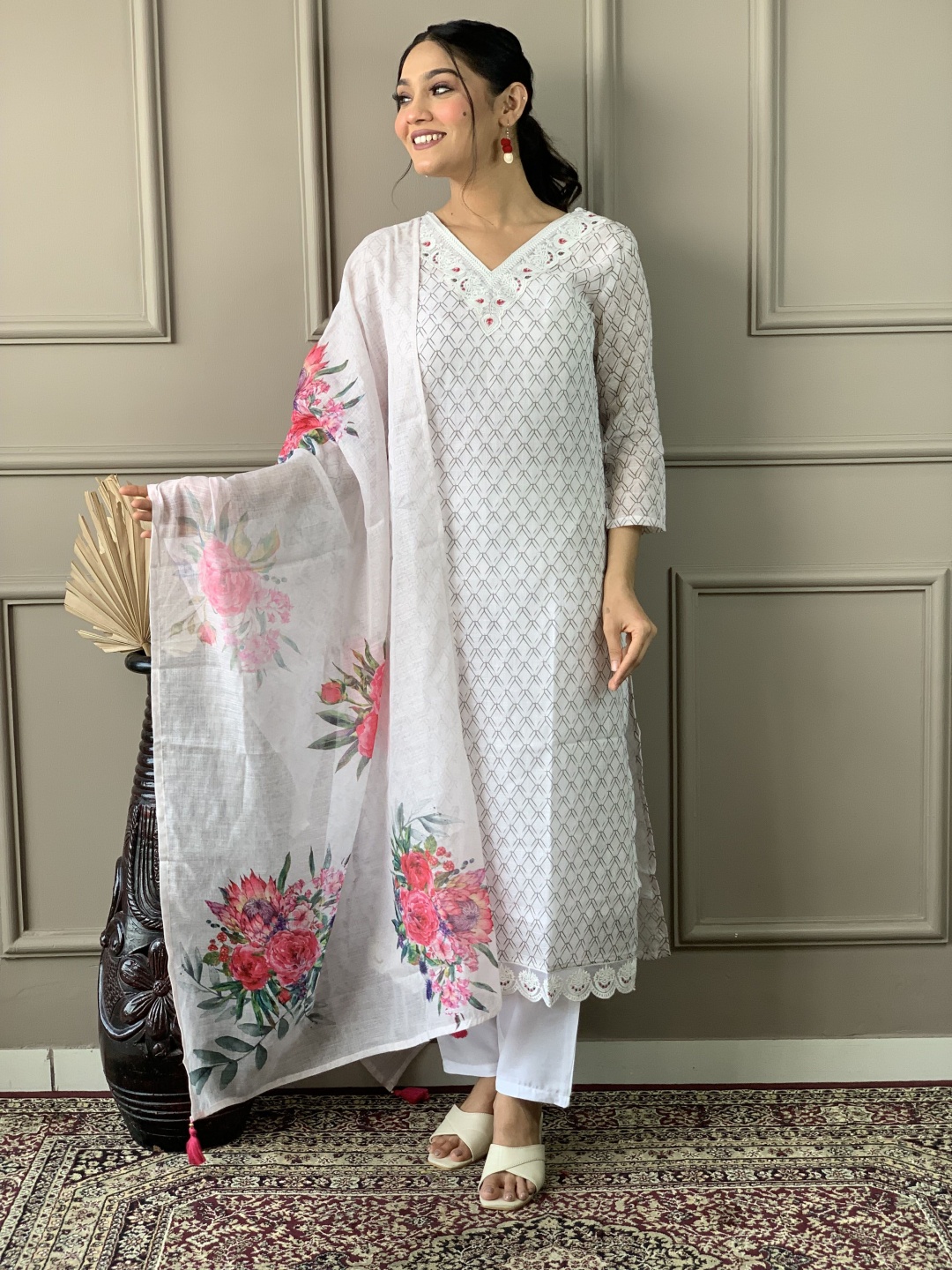 

Fabdeal Geometric Printed Patchwork V-Neck Straight Kurta With Trouser And Dupatta, Off white