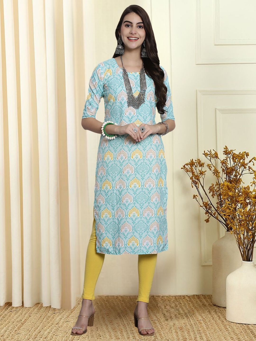 

7Threads Ethnic Motifs Printed Round Neck Straight Kurta, Sea green