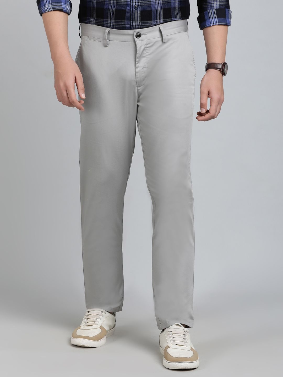

JADE BLUE Men Slim Fit Mid-Rise Cotton Trousers, Grey