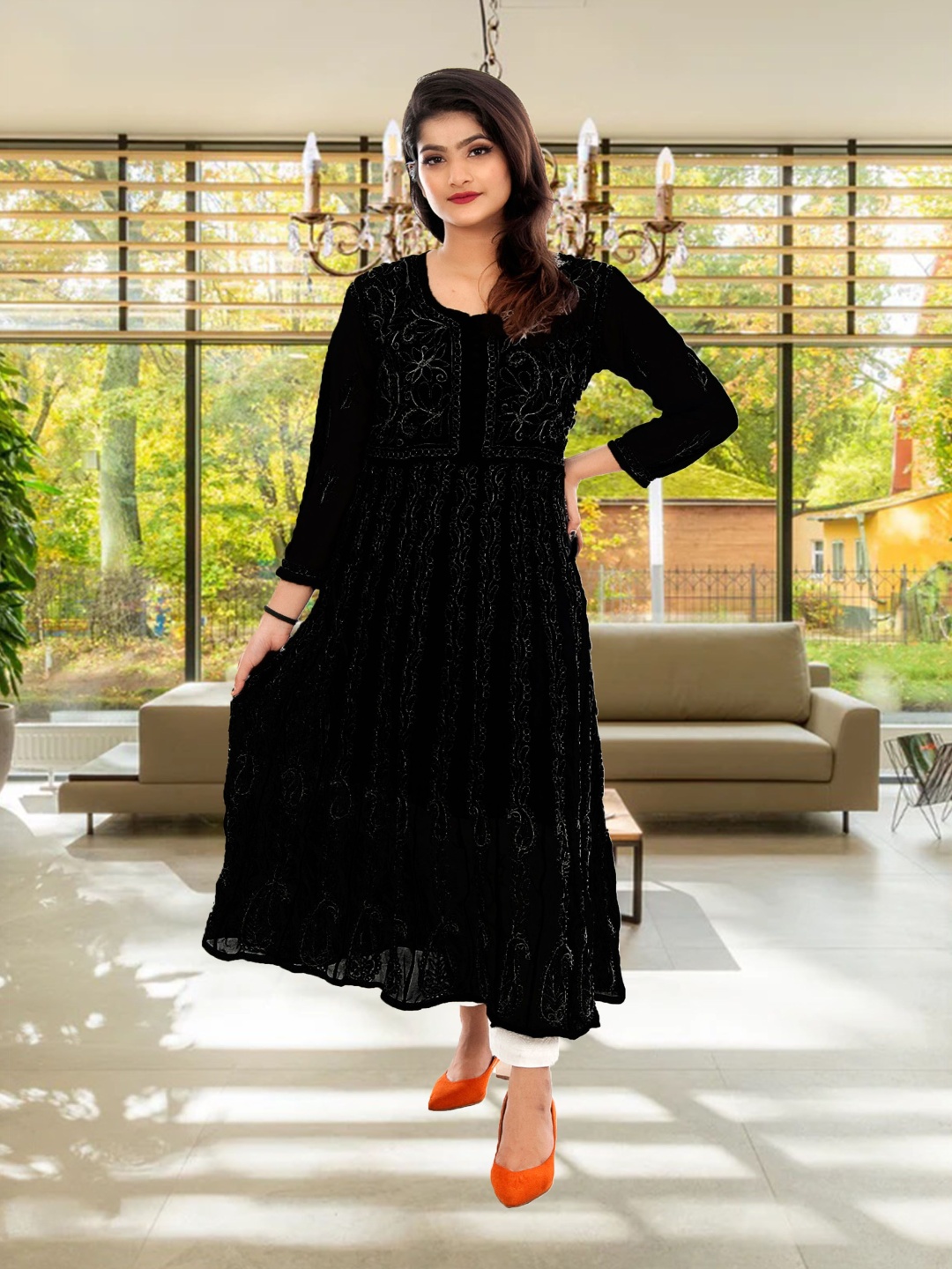 

ADR CHIKAN Lucknowi Chikankari Round Neck Georgette Anarkali Kurta, Black