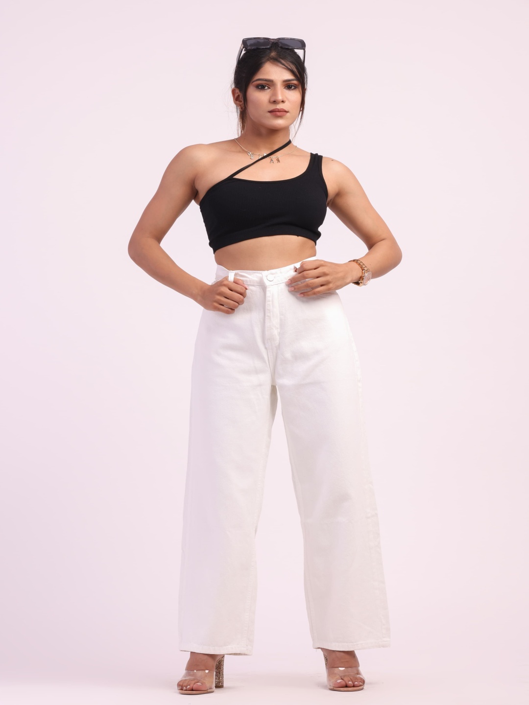 

HIGH BUY Women Loose Wide Leg High-Rise Low Distress Jeans, White