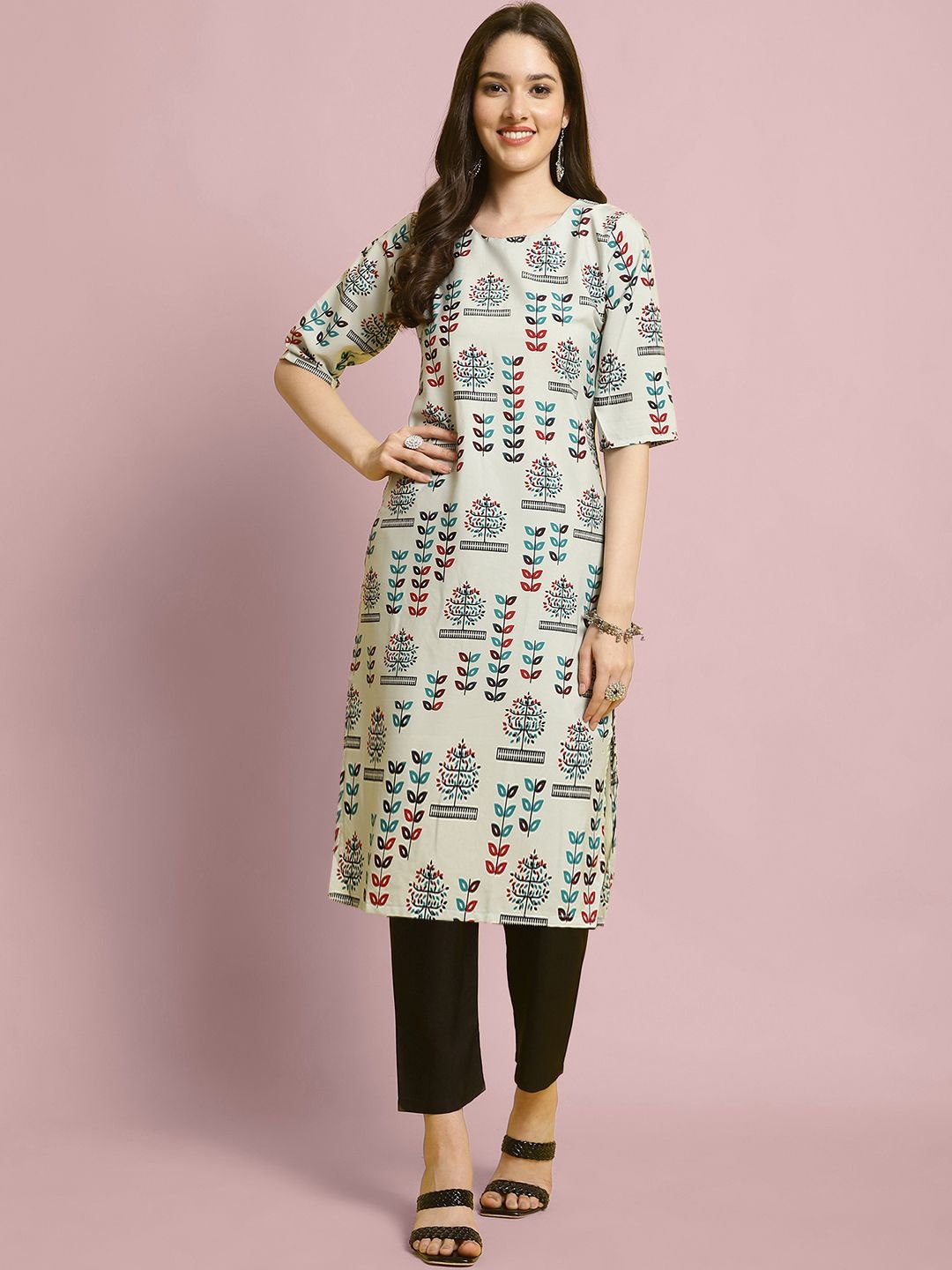 

7Threads Floral Printed Straight Kurta With Trouser, Off white