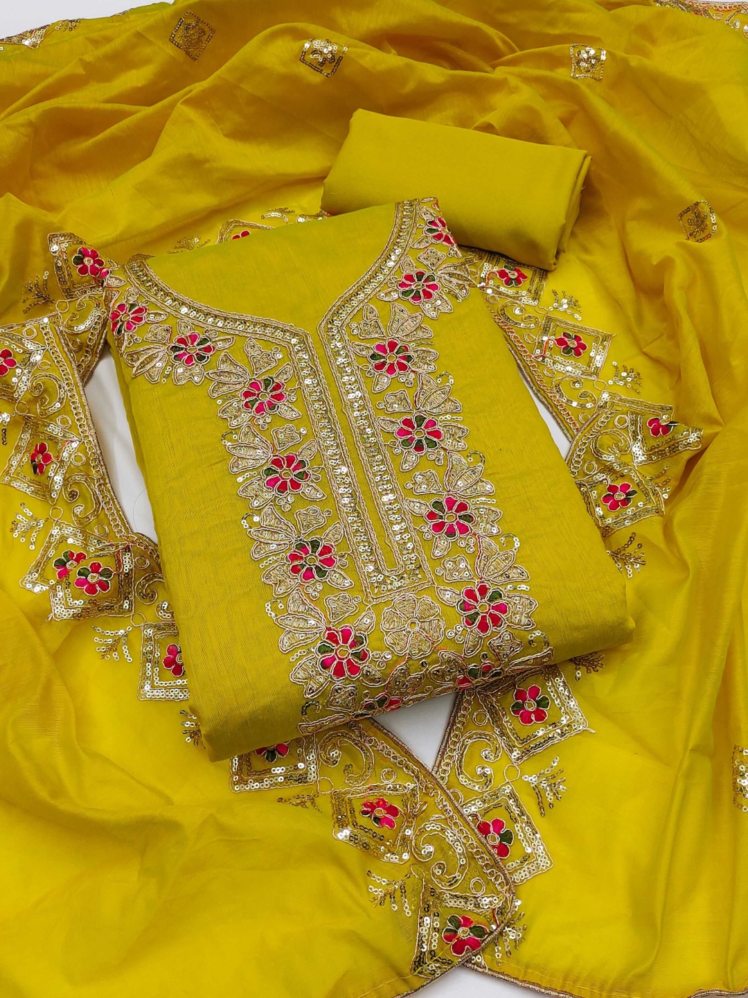 

Panzora Floral Embroidered Sequinned Chanderi Silk Unstitched Dress Material, Mustard