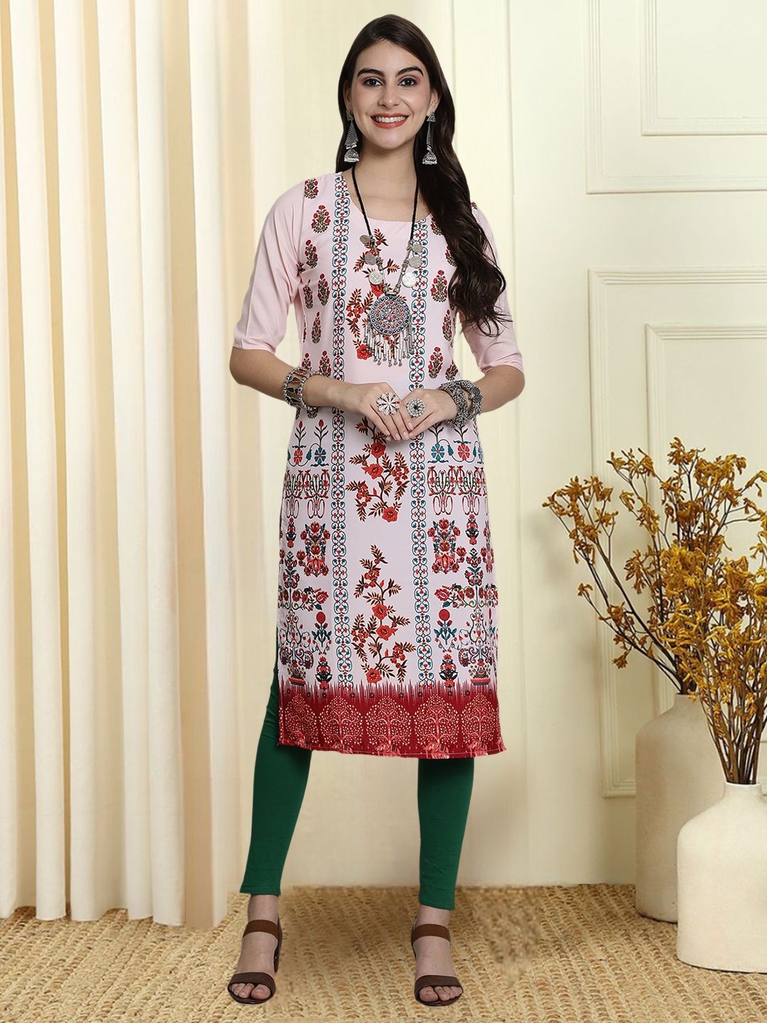 

7Threads Ethnic Motifs Printed Round Neck Kurta, Pink