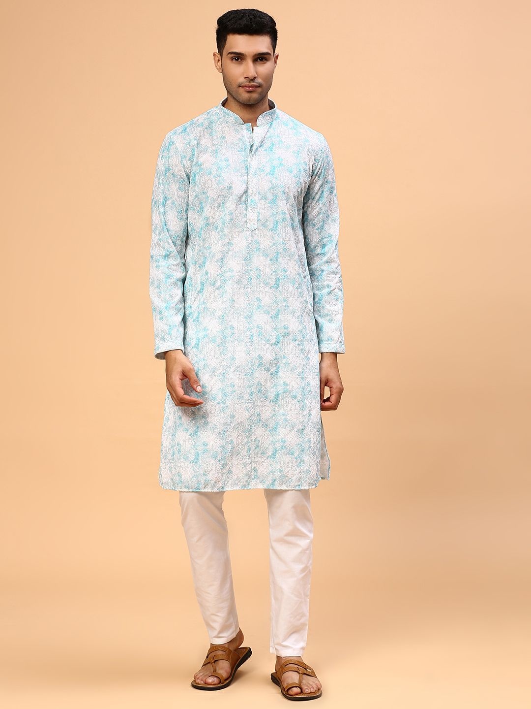 

CS EL Abstract Printed Chikankari Mandarin Collar Cotton Straight Kurta, Blue