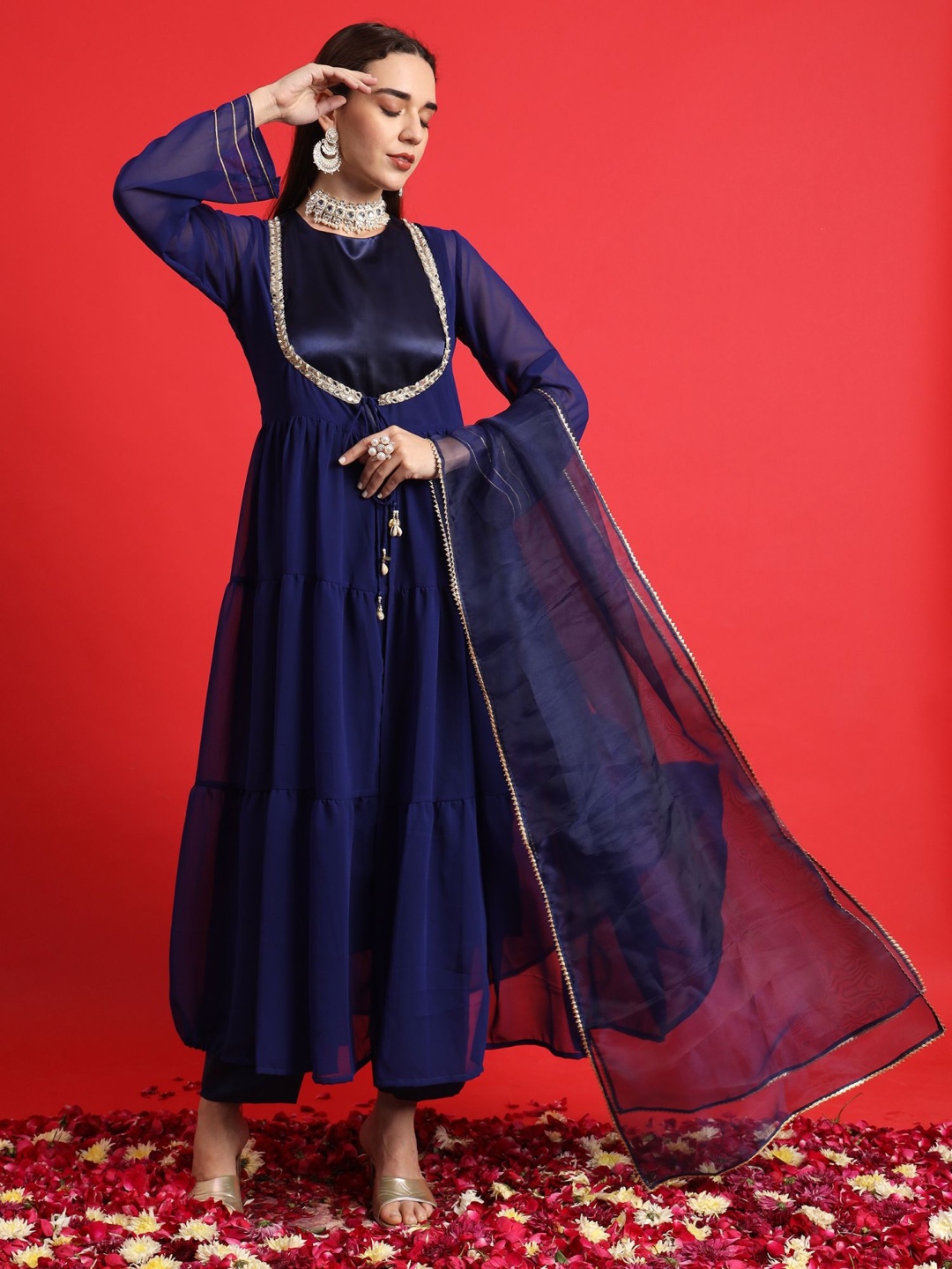 

Salvia Sky Mirror Work Georgette Tired Anarkali Kurta With Trousers & Dupatta, Navy blue