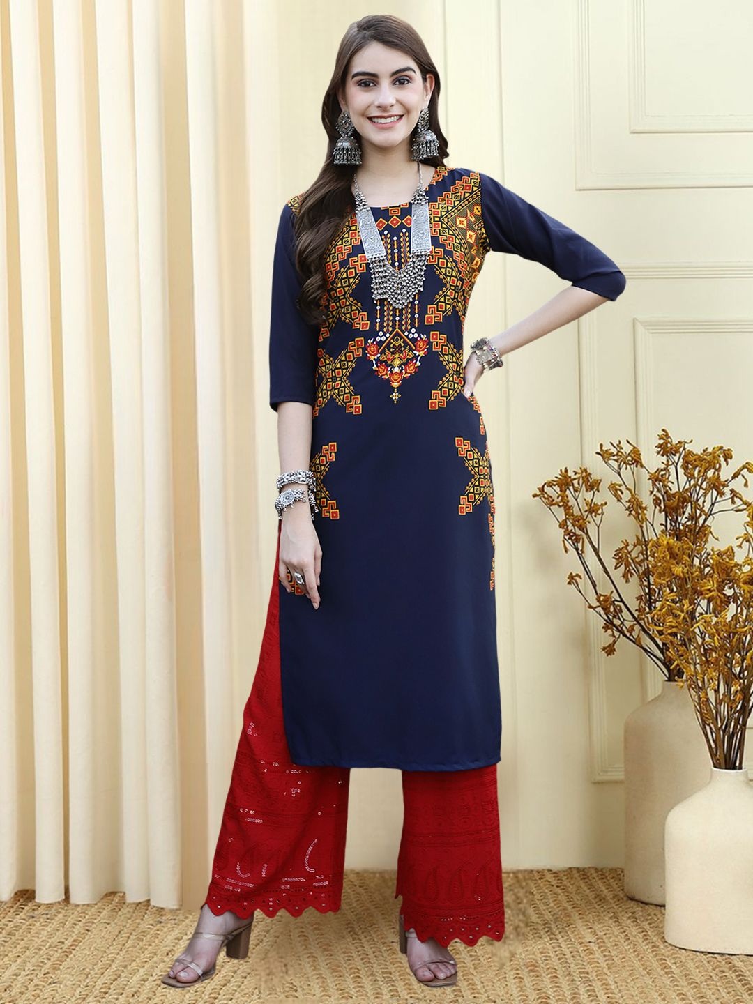 

7Threads Geometric Printed Round Neck Straight Kurta, Navy blue