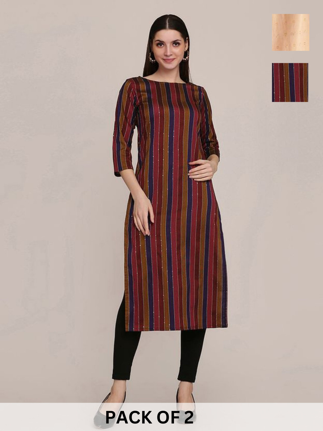 

KALINI Selection Of 2 Striped Printed Boat Neck Straight Kurtas, Maroon