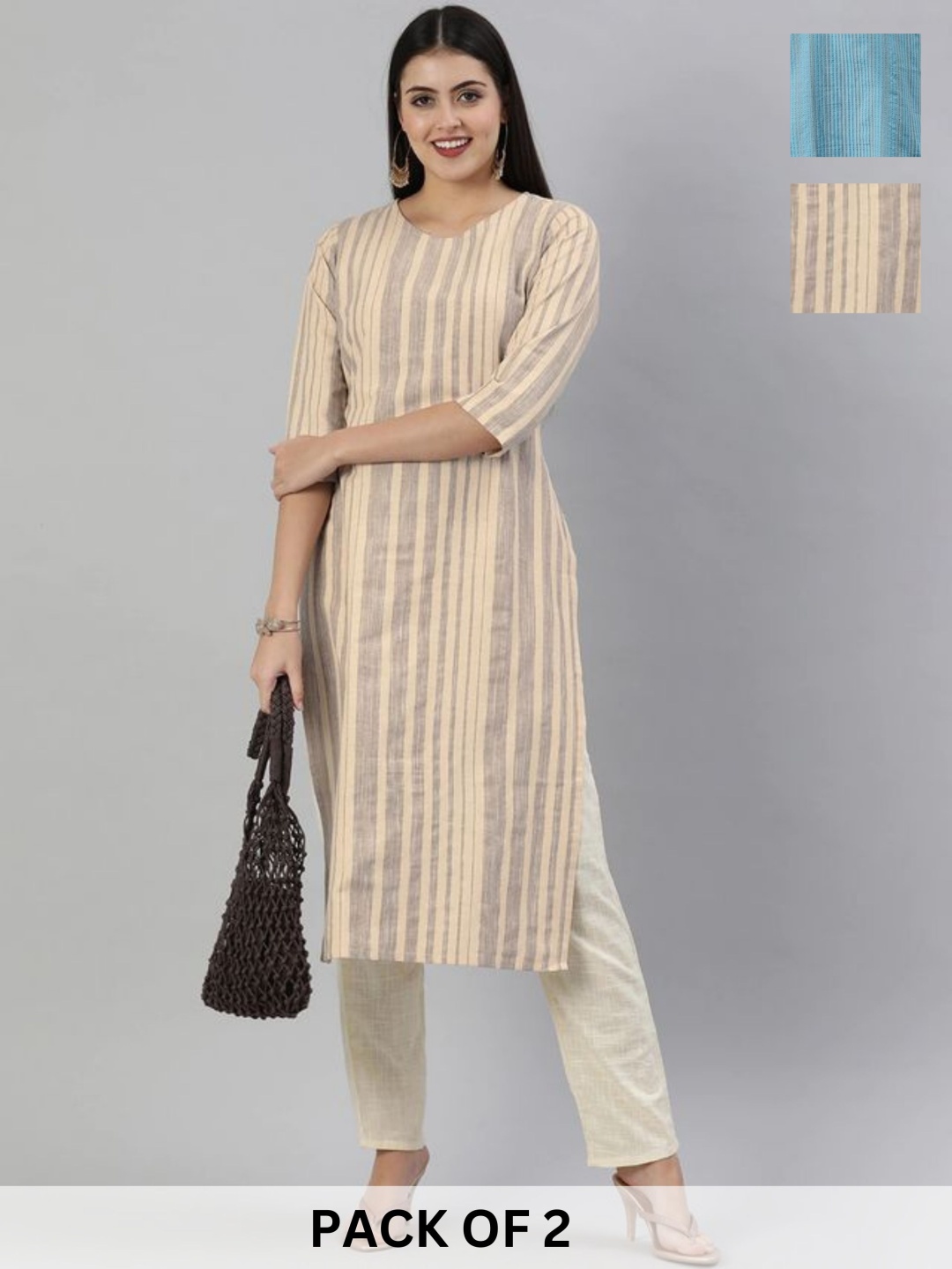 

KALINI Selection Of 2 Striped Printed Round Neck Pure Cotton Straight Kurta, Beige