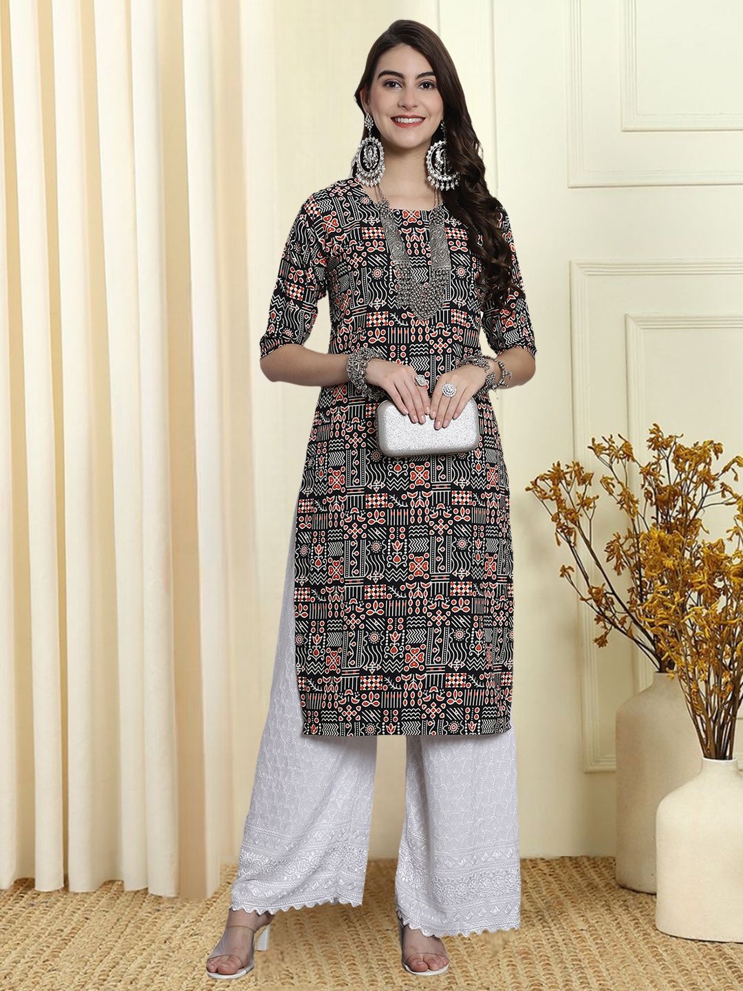 

7Threads Geometric Printed Round Neck Kurta, Brown