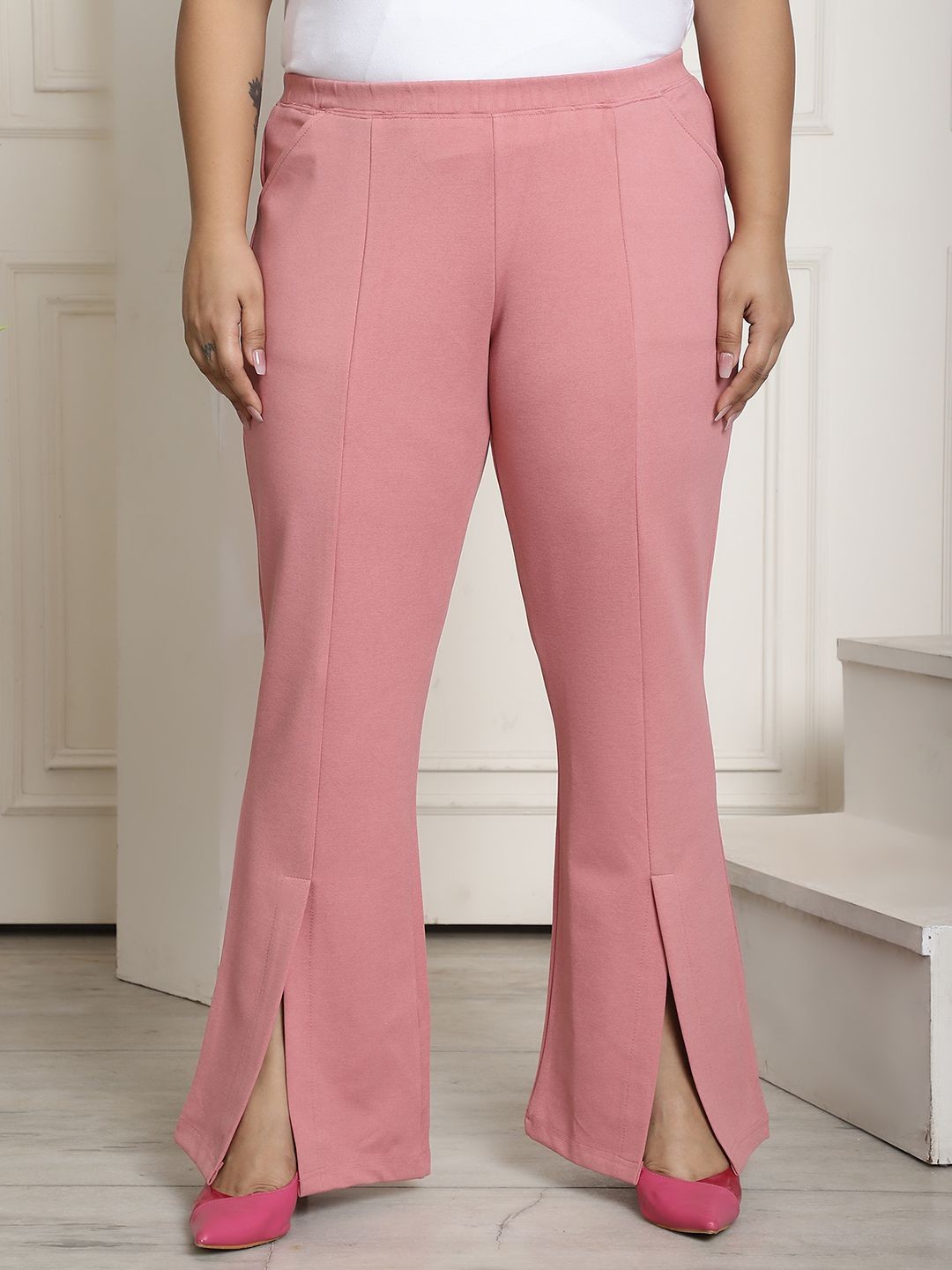 

theRebelinme Women Straight Fit High-Rise Easy Wash Pleated Trousers Plus Size, Pink
