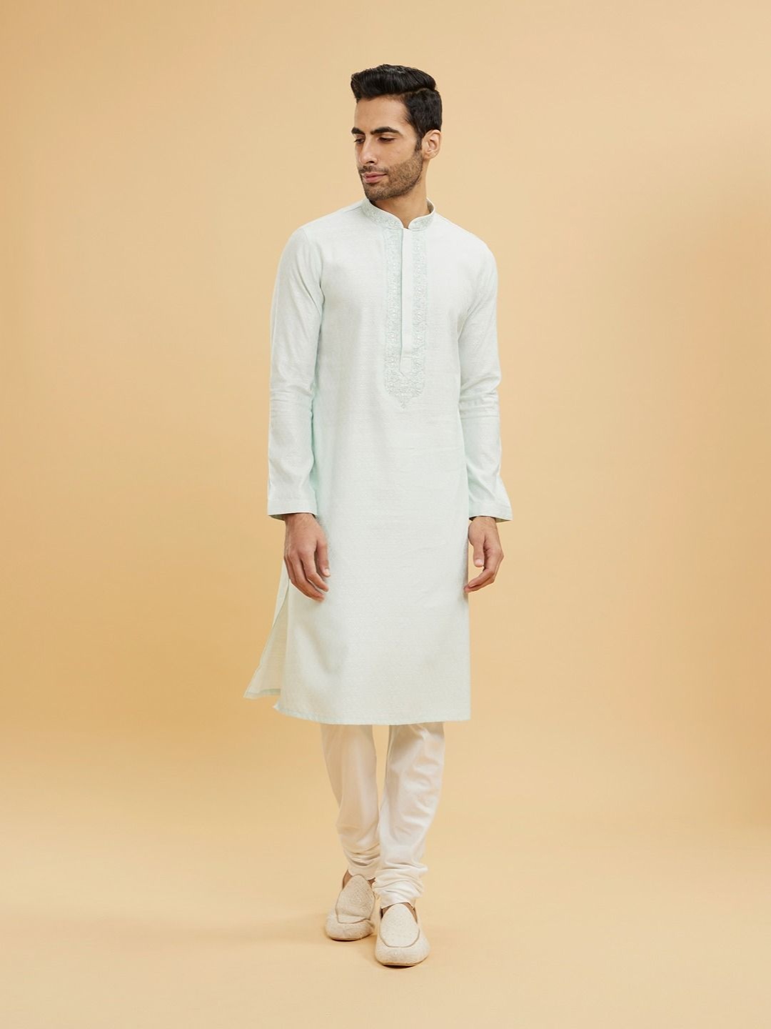 

Twamev Self Design Mandarin Collar Thread Work Straight Kurta With Churidar, Green