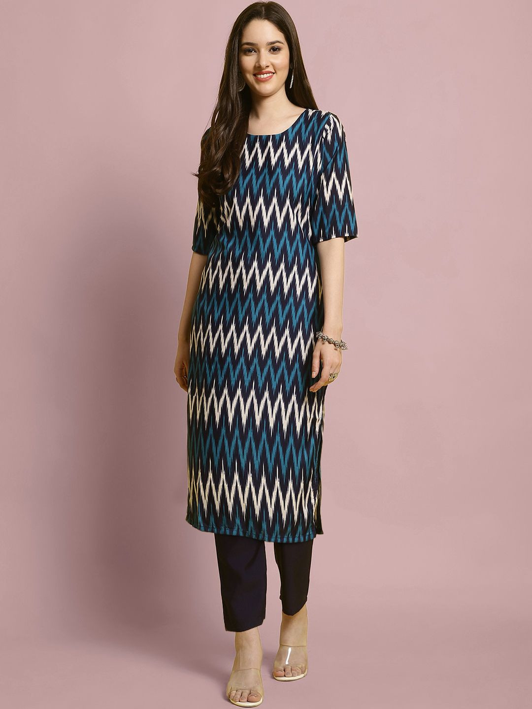 

7Threads Chevron Printed Straight Kurta With Trouser, Navy blue