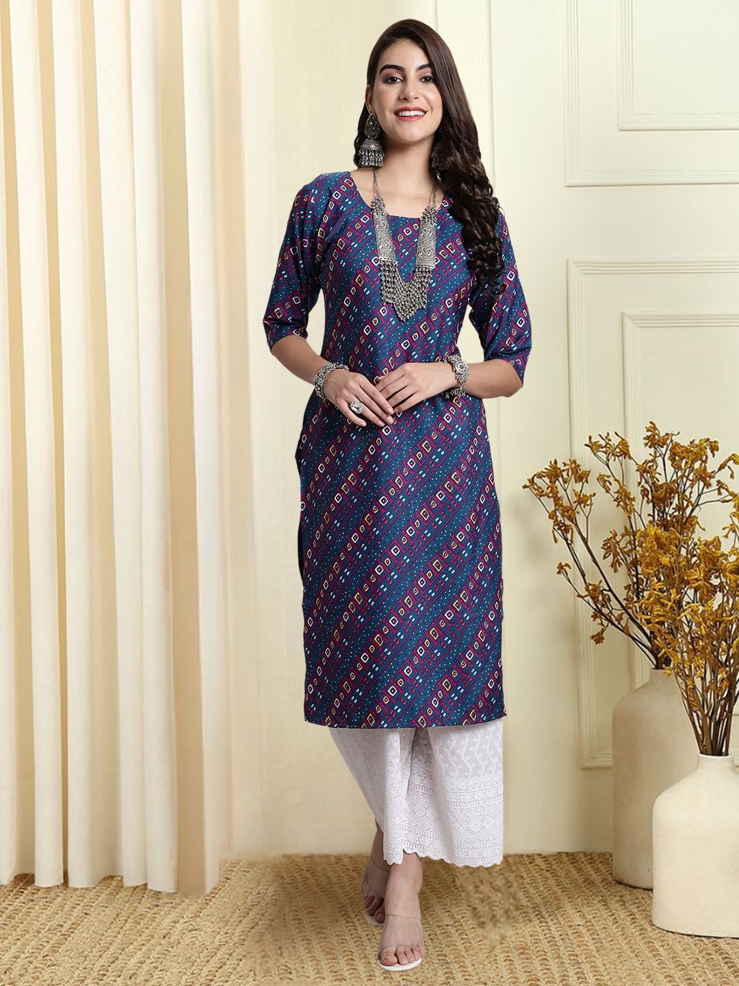 

7Threads Ethnic Motifs Printed Round Neck Straight Kurta, Navy blue