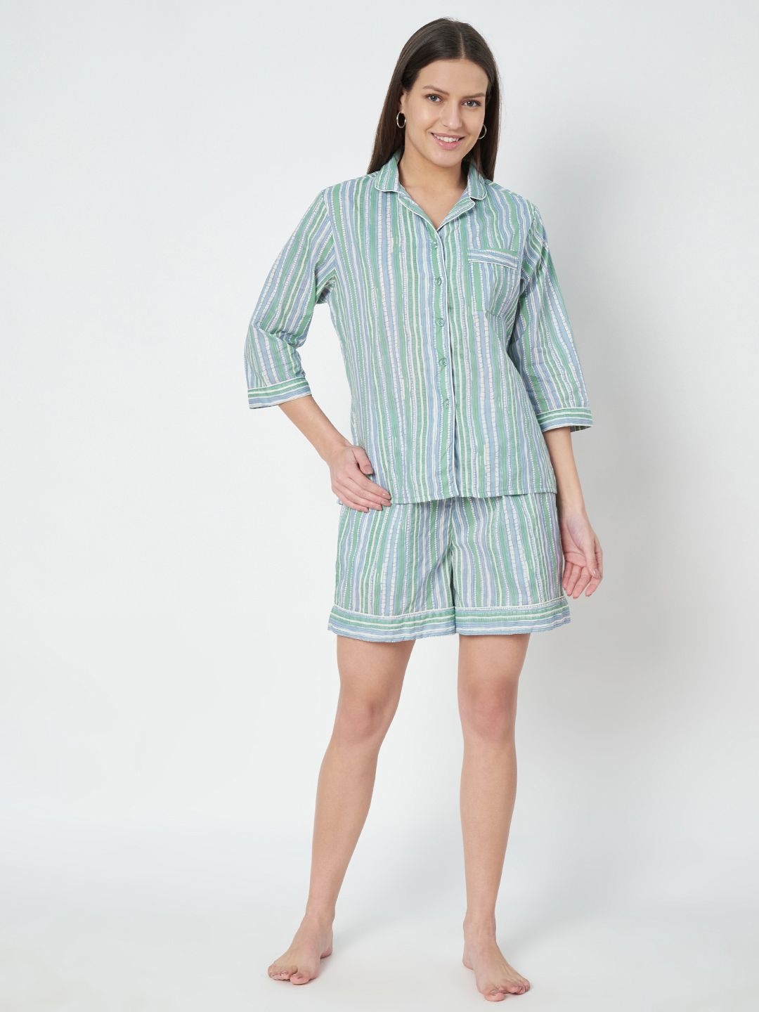 

ETC Women Pure Cotton Striped Night suit, Sea green