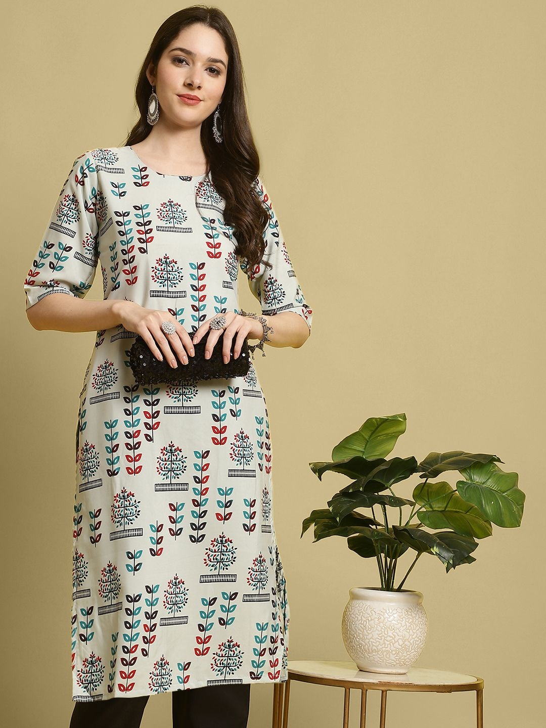 

7Threads Floral Printed Straight Kurta with Trousers, Off white