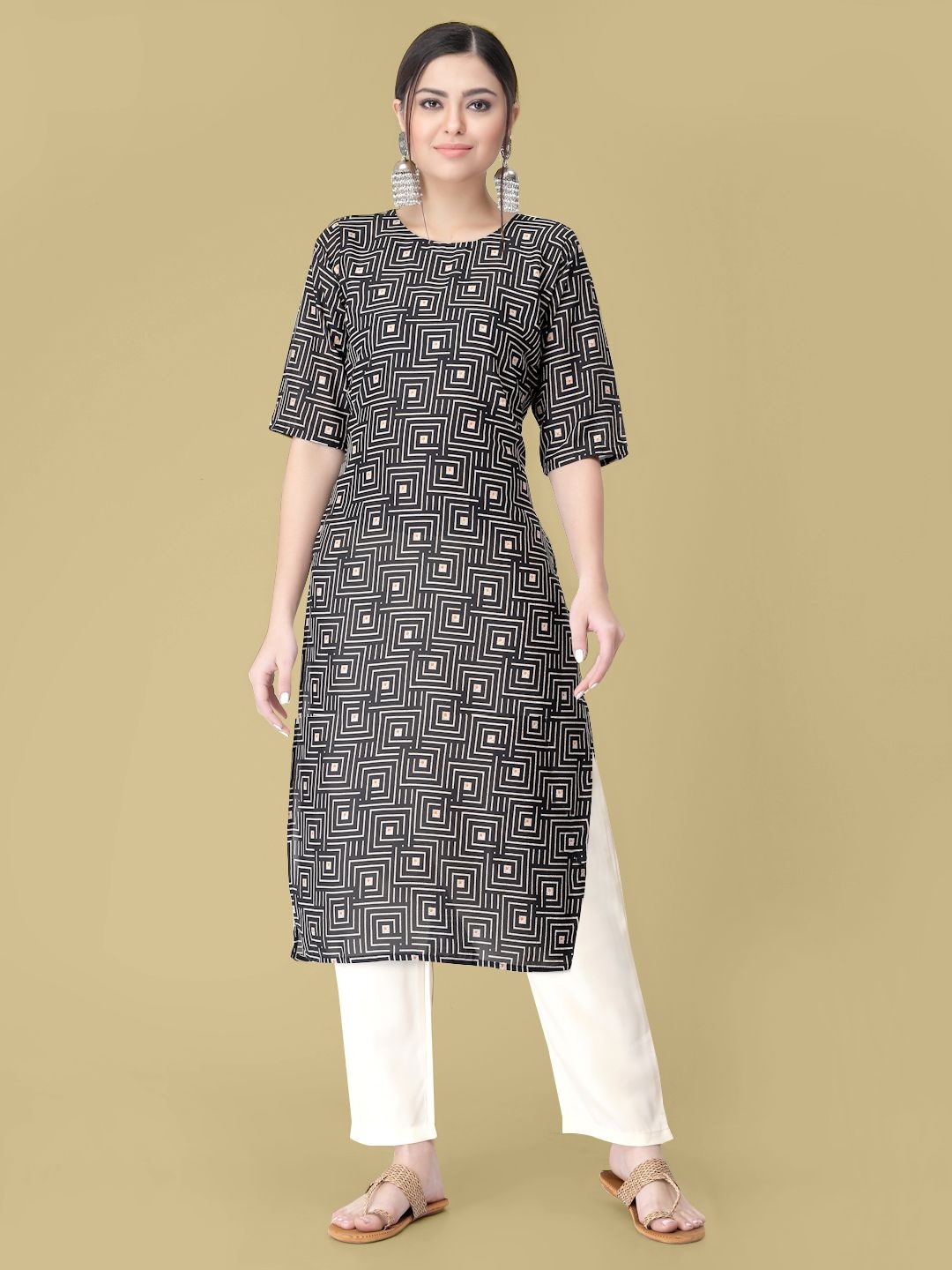 

7Threads Geometric Printed Round Neck Straight Kurta with Trouser, Black