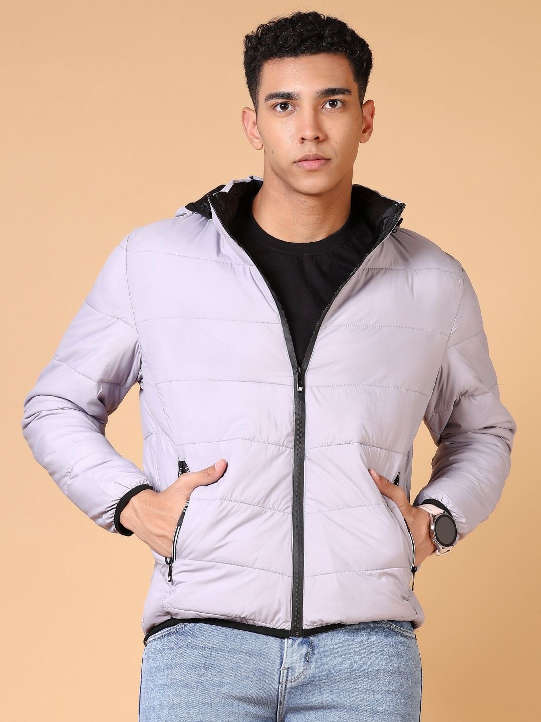 

V-Mart Men Hooded Solid Cotton Casual Puffer Jacket, Purple