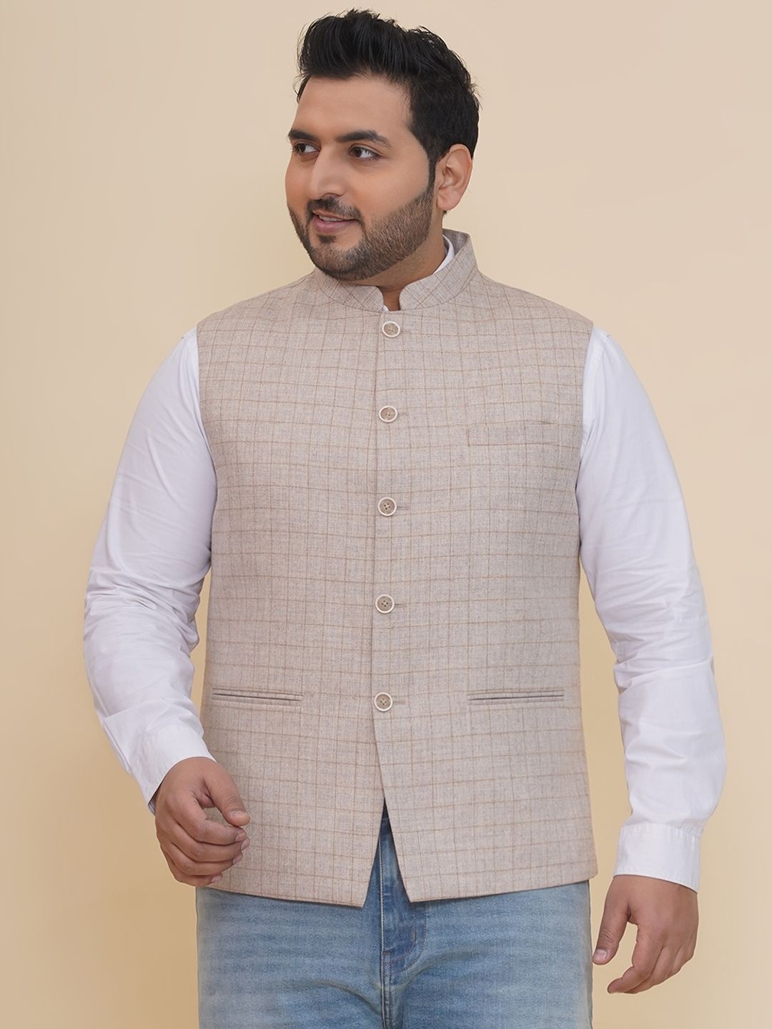 

John Pride Plus Size Checked Nehru Jacket, Beige