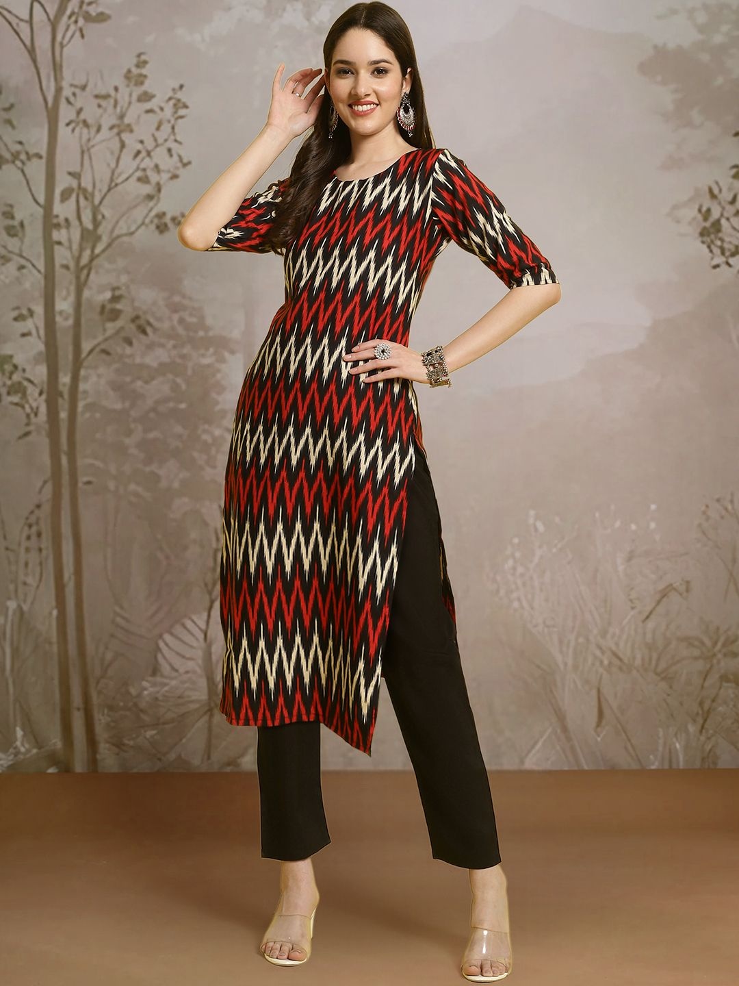 

7Threads Chevron Printed Round Neck Straight Kurta With Trousers, Black
