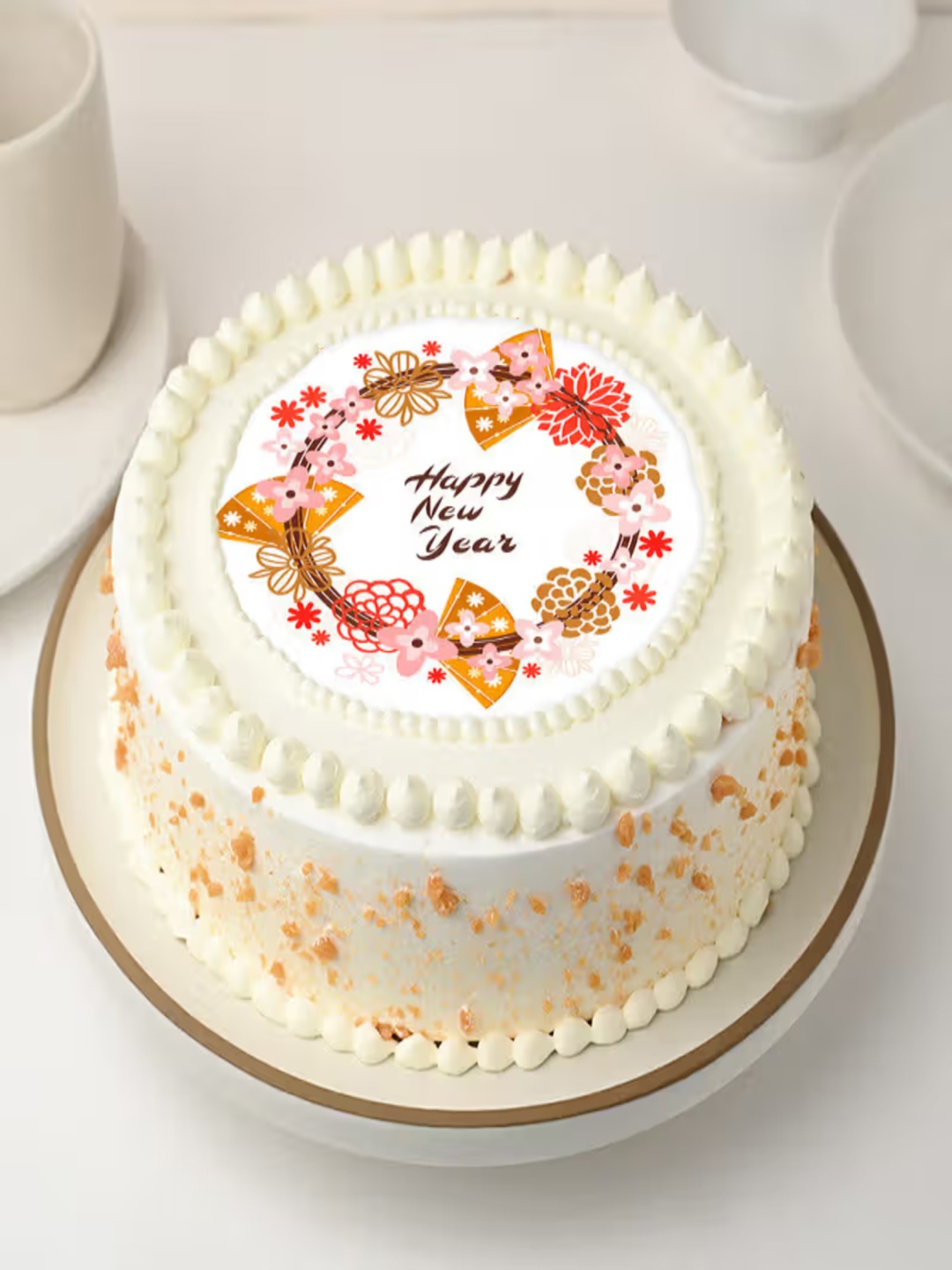 

Floweraura New Year Poster Butterscotch Flavour Eggless Round Cake 2Kg, Off white
