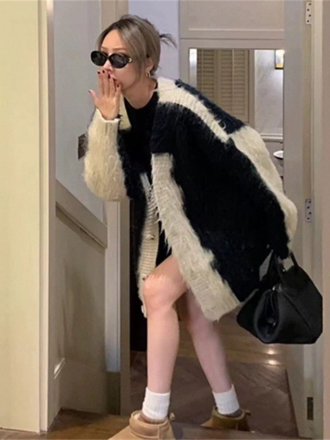 

StyleCast Women Colourblocked Faux Fur Trim Bomber Jacket, Black