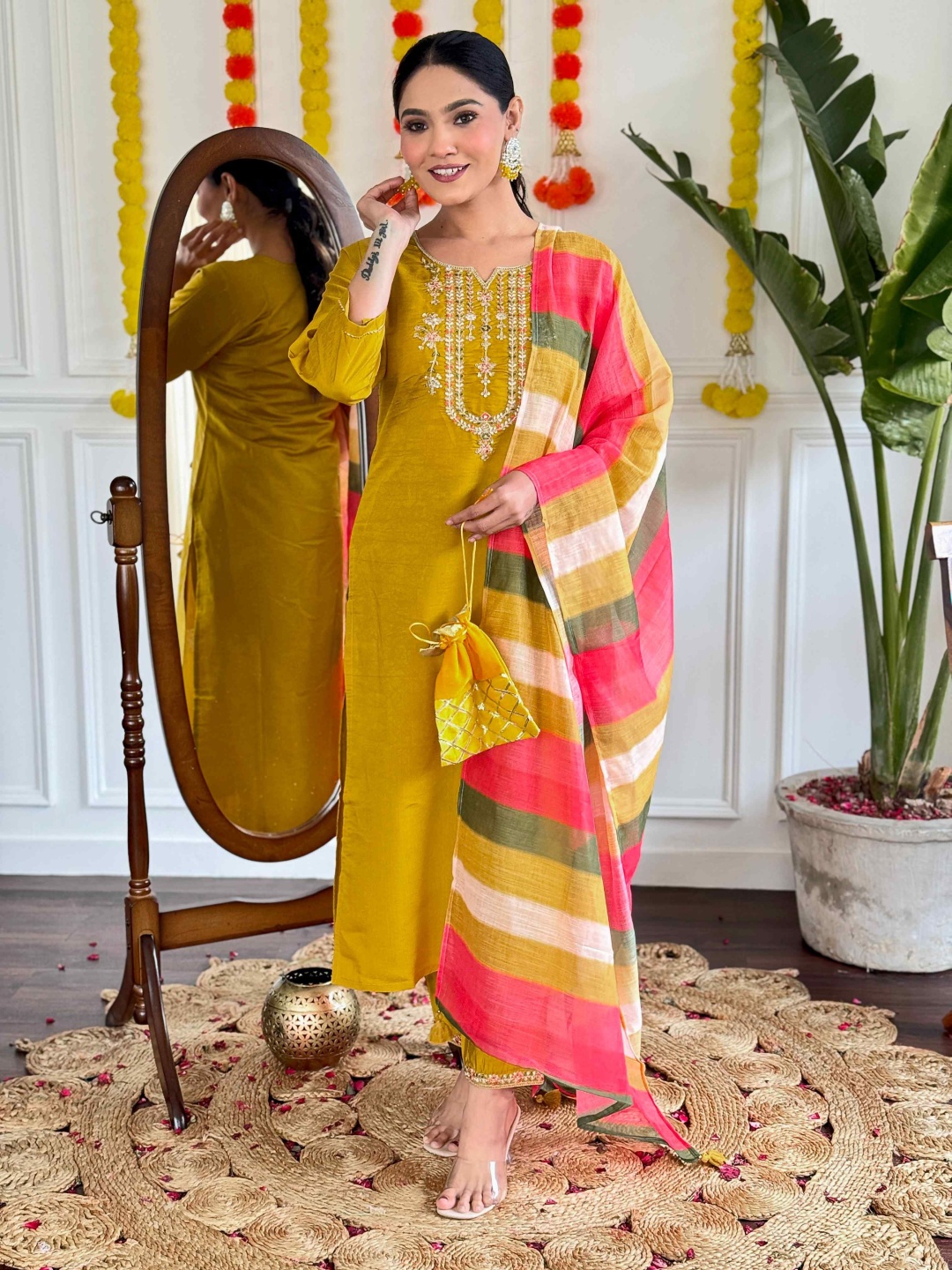 

HERE&NOW Floral Embroidered Notch Neck Chanderi Silk Kurta With Trousers And Dupatta, Mustard