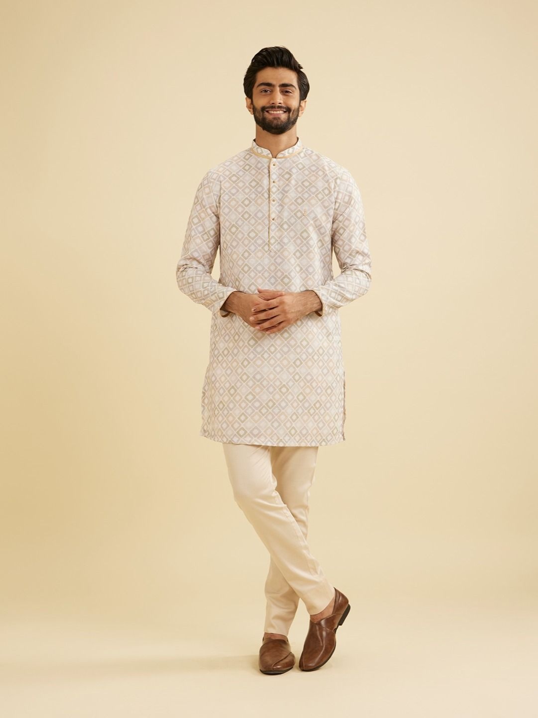 

Manyavar Geometric Printed Mandarin Collar Straight Kurta, Cream