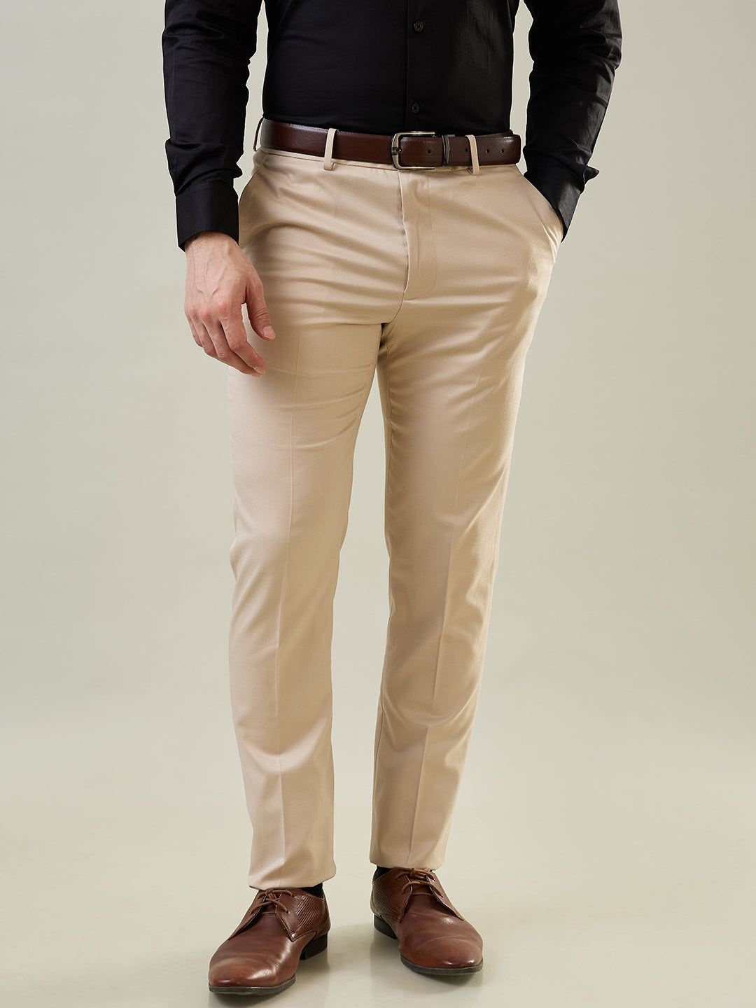 

TIM PARIS Men Slim Fit Mid-Rise Formal Trousers, Beige