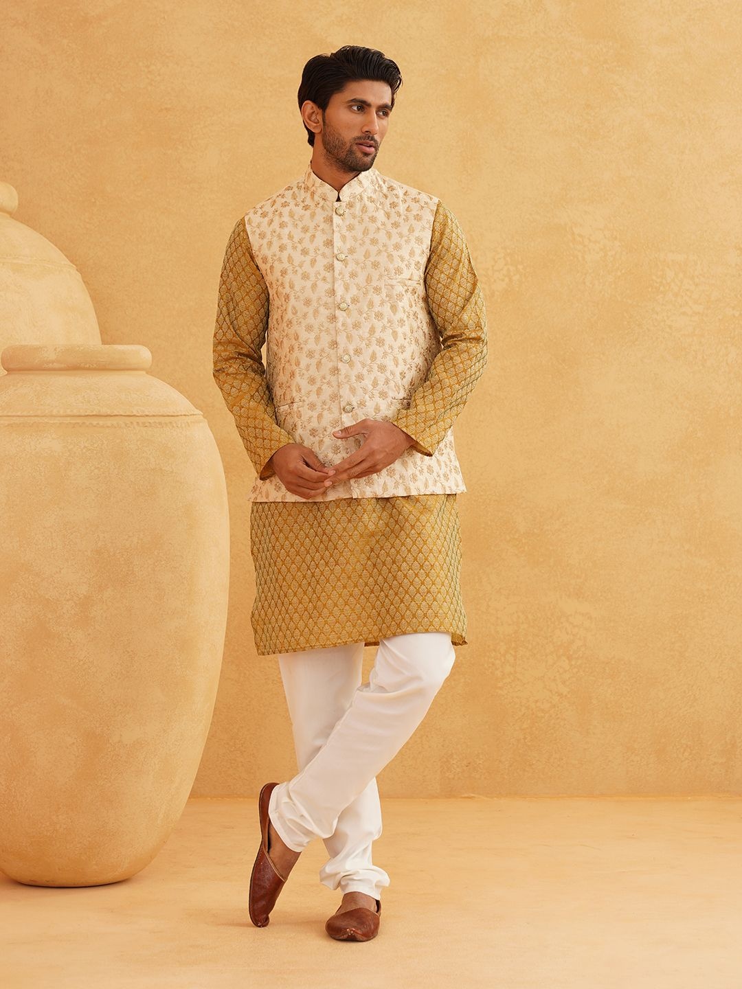 

SOJANYA Ethnic Motifs Woven design Band Collar Kurta With Churidar And Nehru Jacket, Mustard