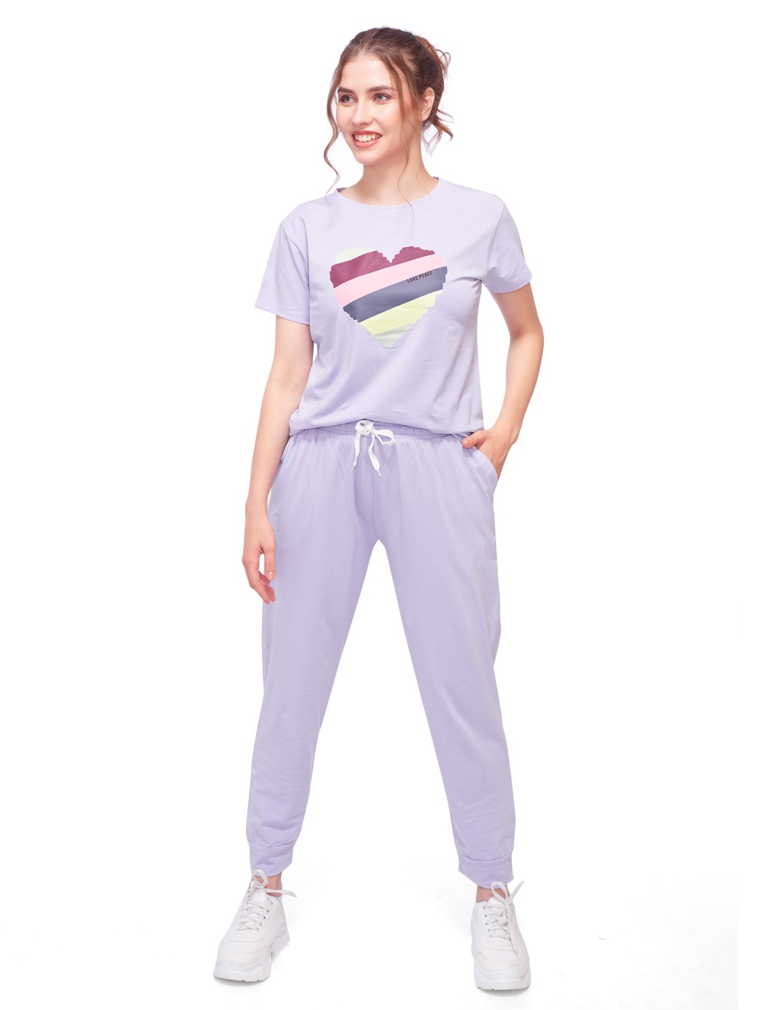 

Lotik Women Printed Cotton T-Shirt With Joggers Co-Ords, Purple