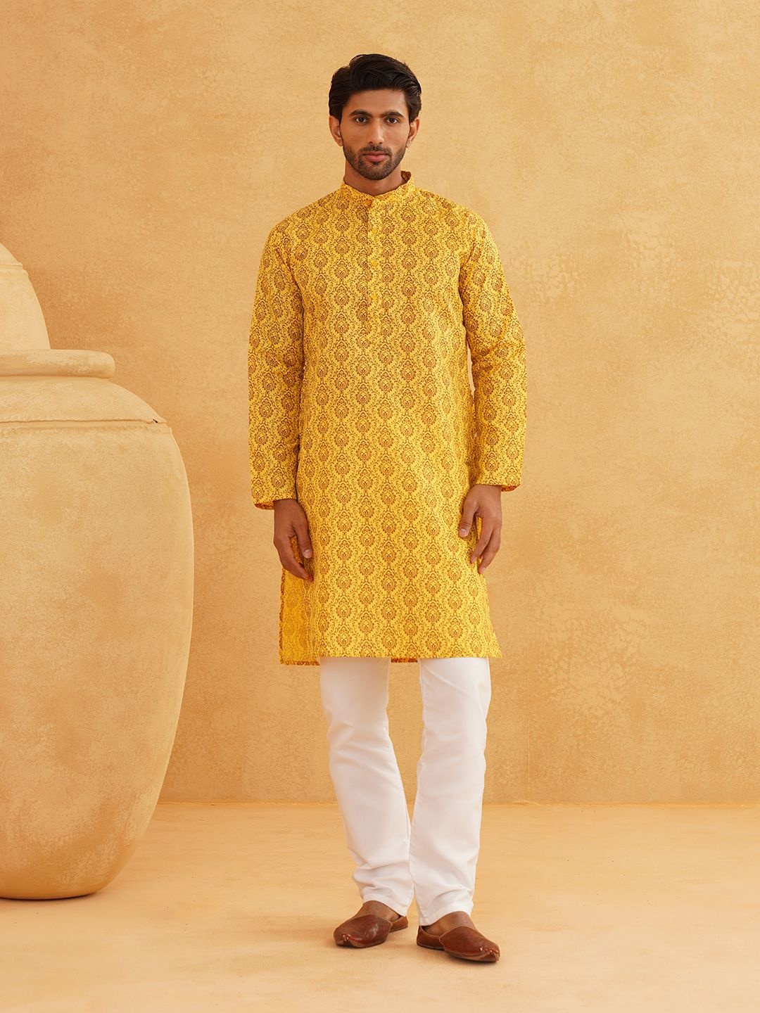 

SOJANYA Ethnic Motifs Printed Band Collar Straight Long Kurta, Mustard