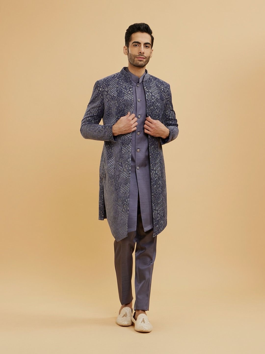 

Twamev Men Embroidery Mirror Work Sherwani Set, Grey