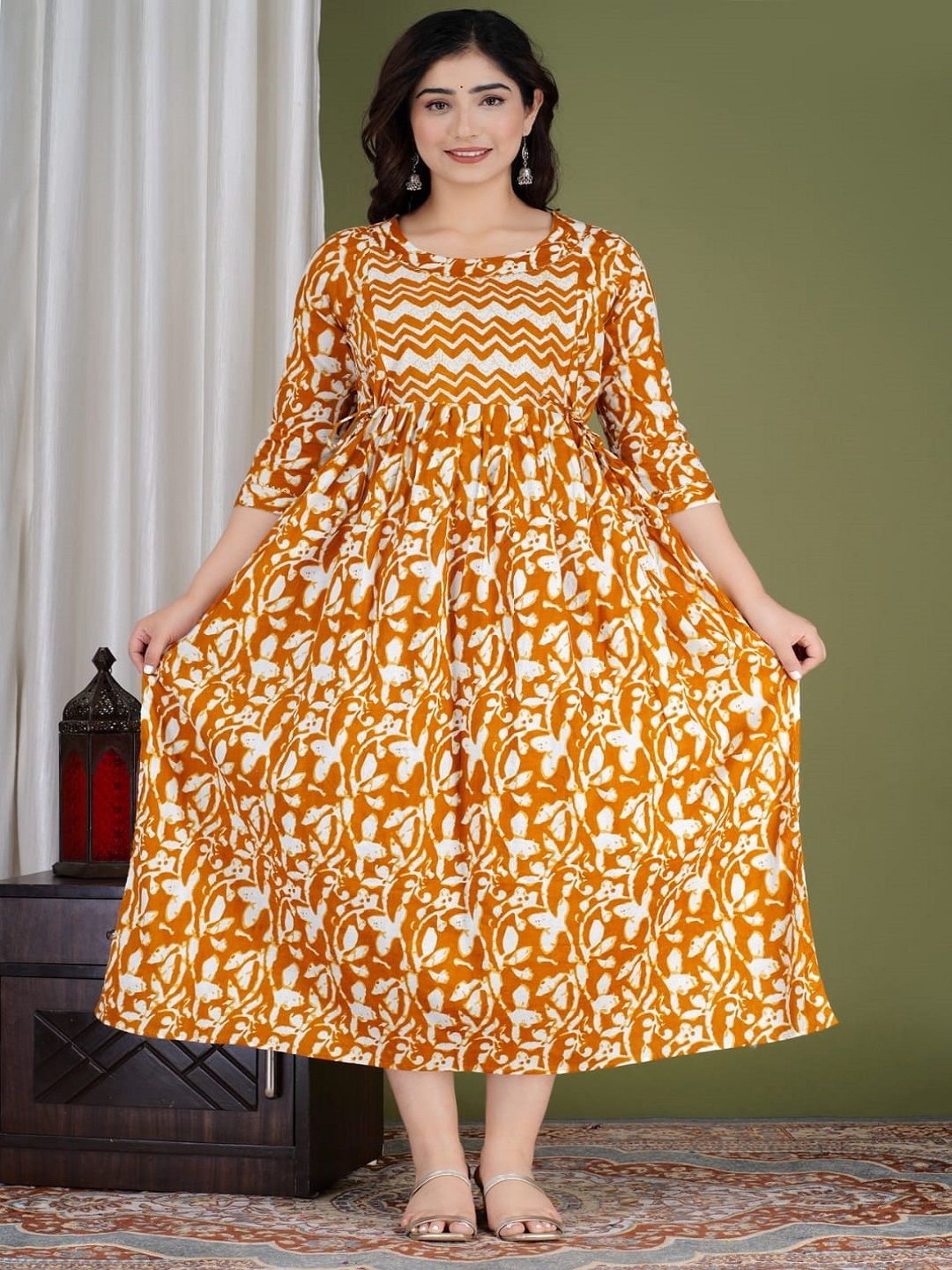 

Nevisha Style Floral Printed Pleated Maternity Pure Cotton Anarkali Kurtas, Mustard