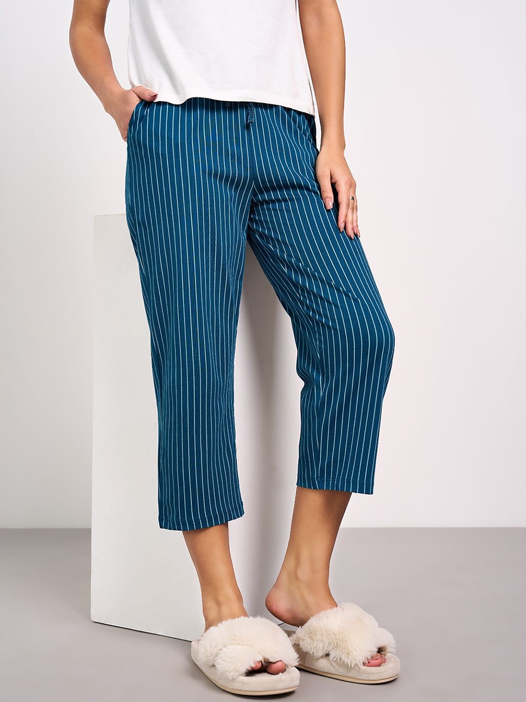 

Dreamz by Pantaloons Women Striped Pure Cotton Lounge Pants, Teal