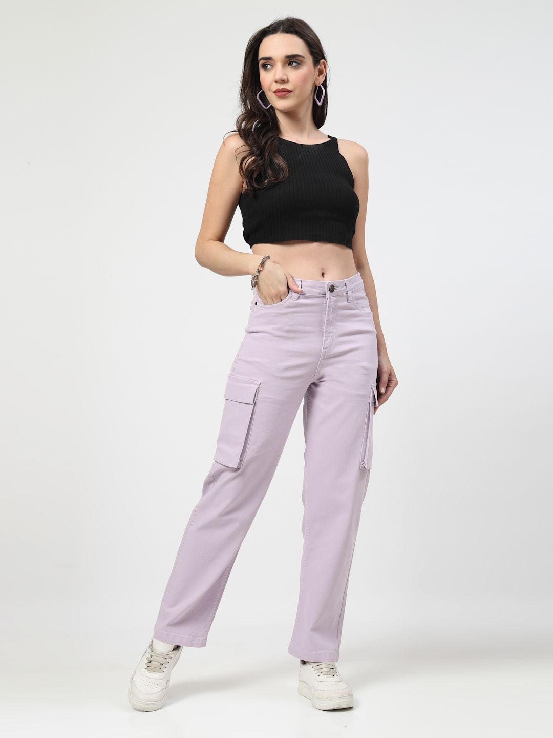 

COSMIC TRIO Women Relaxed Straight Leg Loose Fit Cargos Trousers, Lavender