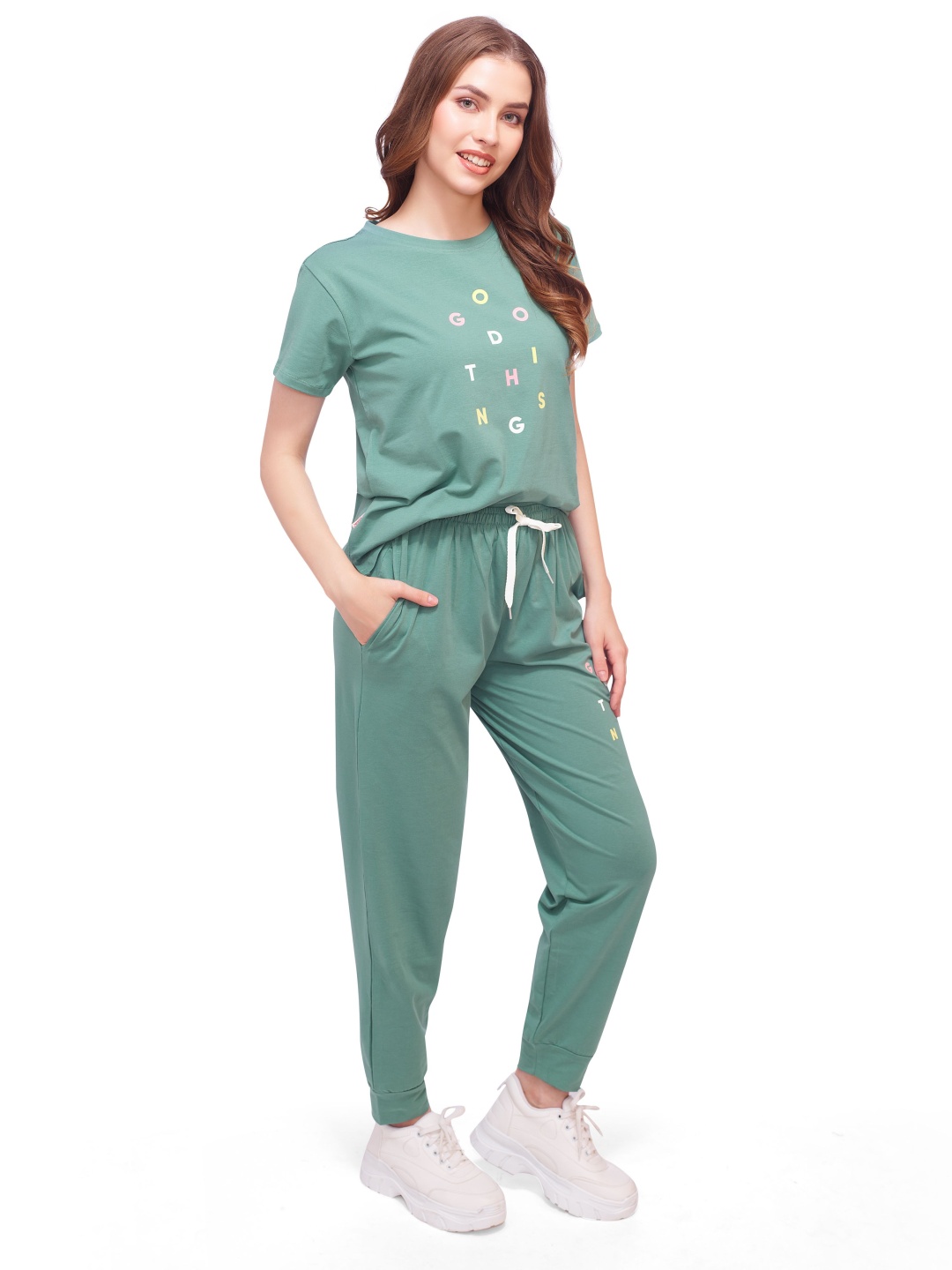 

LOTIK Women Alphanumeric Printed Pure T-shirt and Joggers, Green
