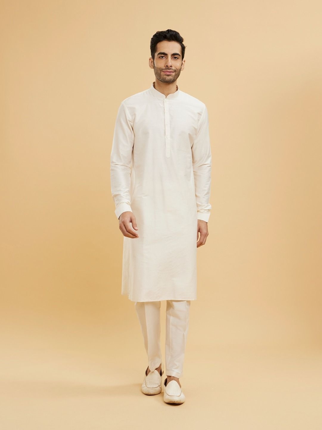 

Twamev Mandarin Collar Sequinned Kurta with Churidar And Nehru Jacket, Cream