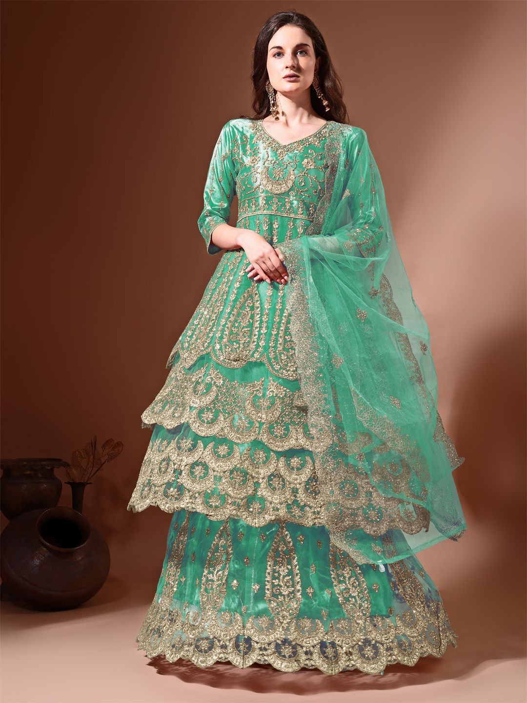 

Ahalyaa Floral Embroidered Beads and Stones Semi-Stitched Kurta With Lehanga & Dupatta, Blue